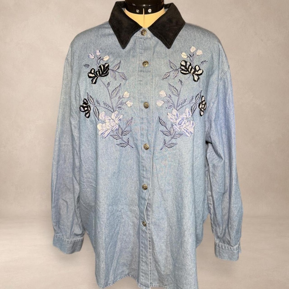 90s Embroidered Denim Shirt Black Velvet Collar Floral Button Up 2X